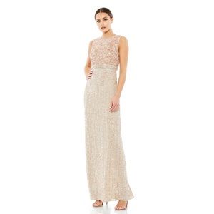 NWT Mac Duggal Sequined Sleeveless Nude Gown With Beaded Belt Size 2